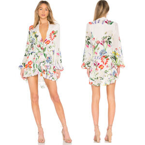 Rococo Sand Bloom Floral Print Surplice Neck Mini Dress White Women's Size M